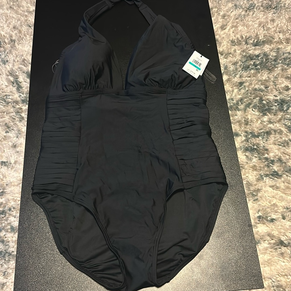 B19) black Calvin Klein bathing suit with 50 spf protection